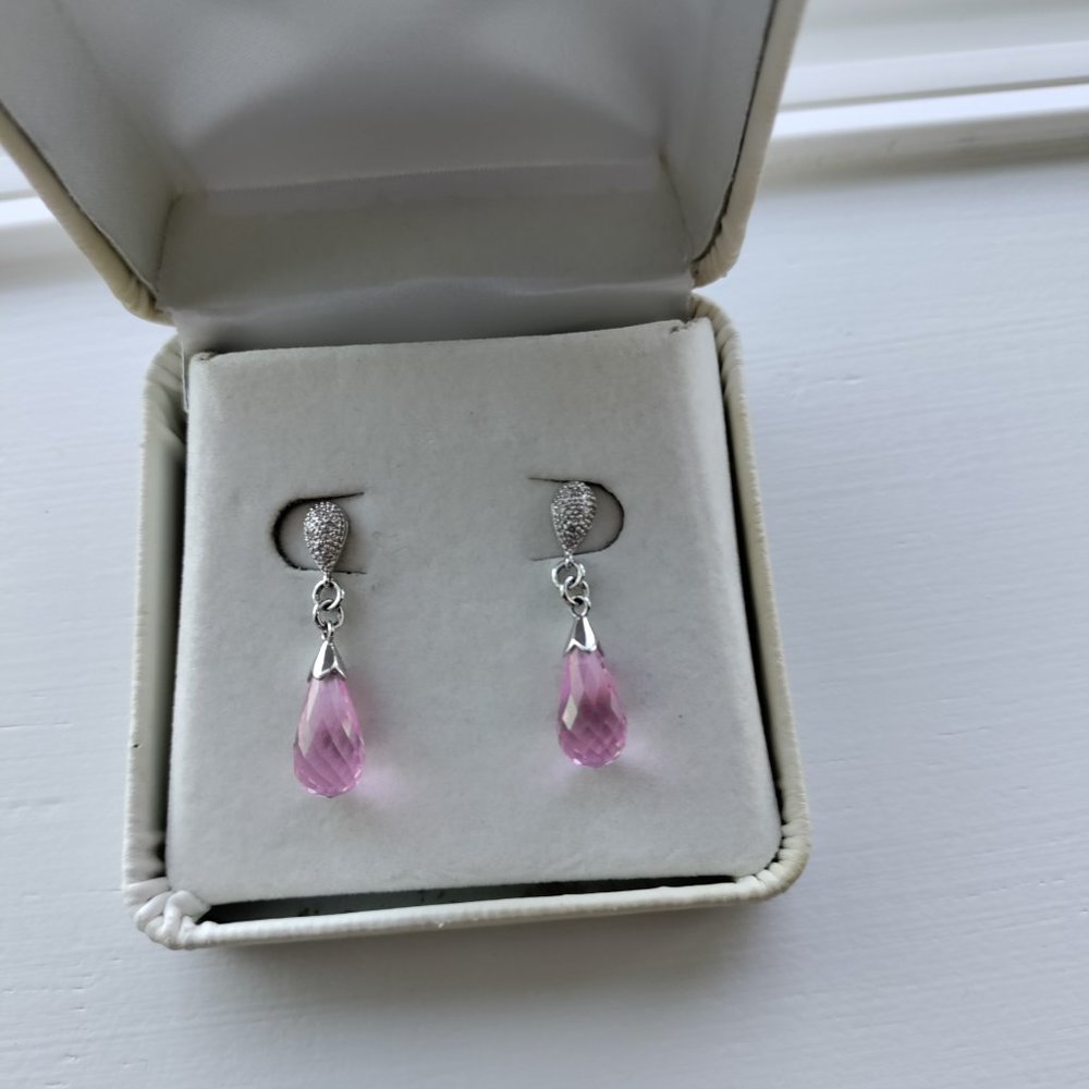 14K Rose Quartz Briolette & Diamond Drop Earrings